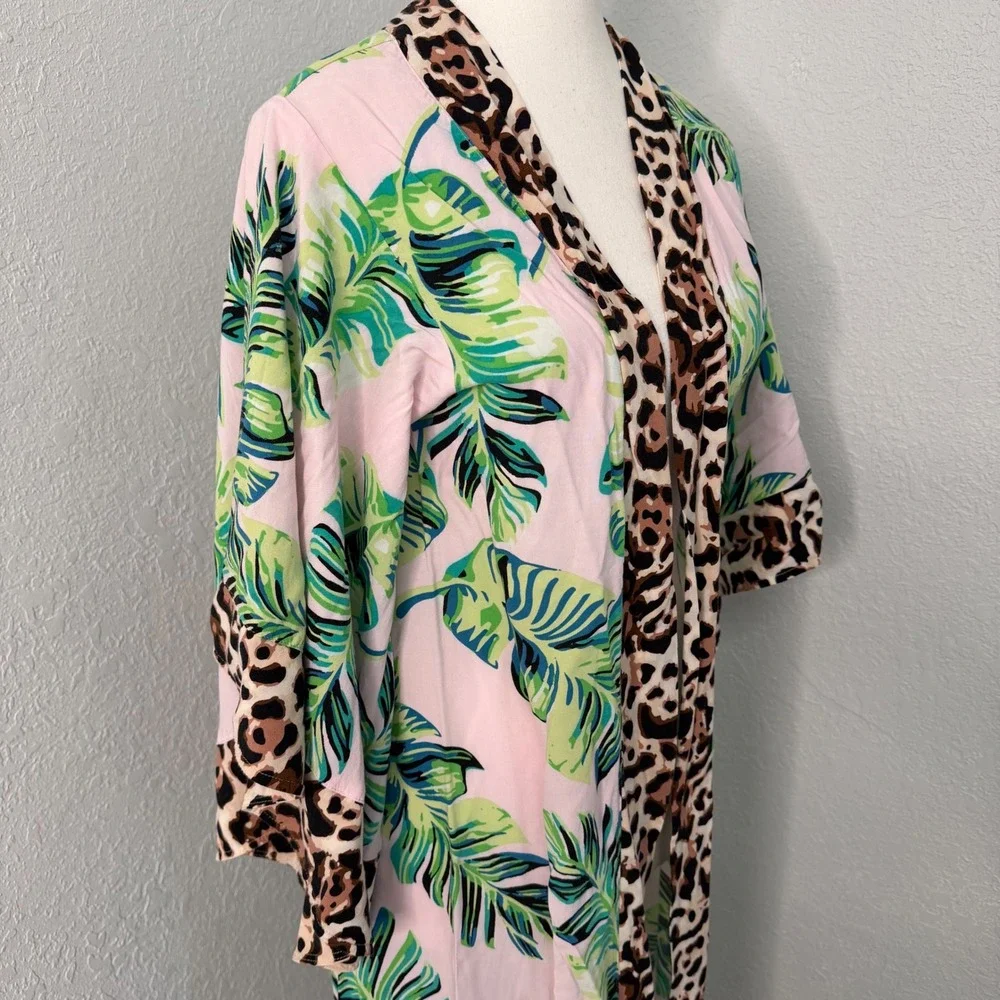 Venus Tropical Palm & Leopard Print Longline Kimono Duster Pink‎ Green Small